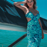 VESTIDO CELESTE COM RECORTES