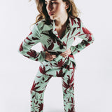 CALÇA FLUIDA FLORAL VERDE E BORDÔ